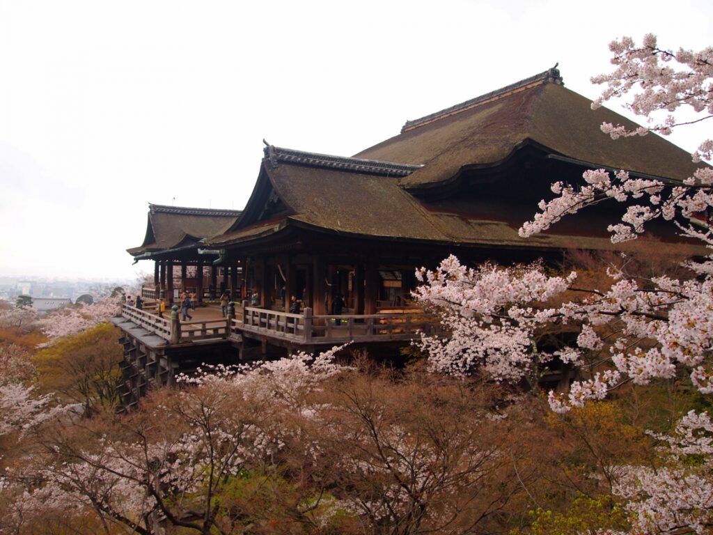 Toàn cảnh chùa Kiyomizu từ Okuno-in với hoa anh đào nở rộ